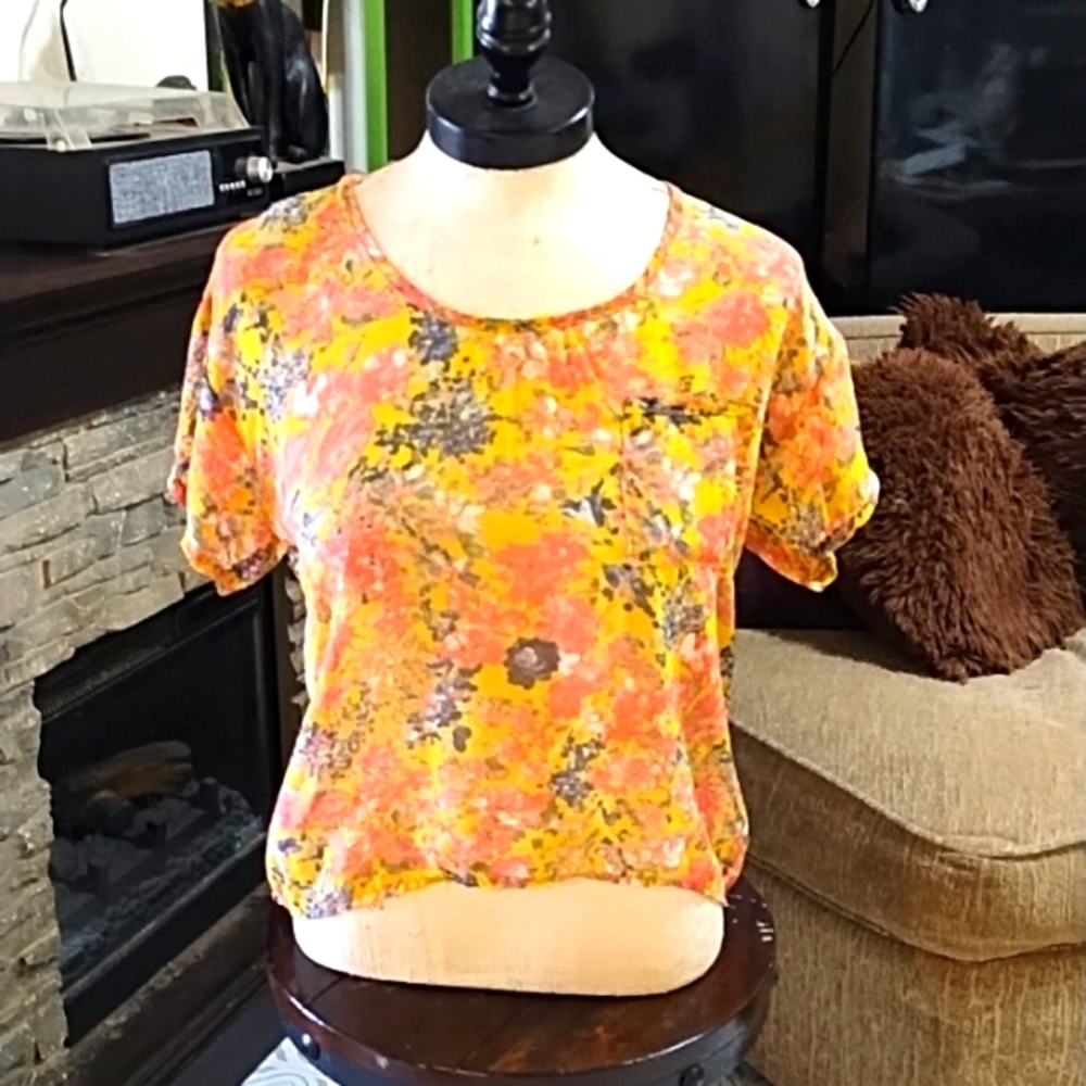 Womens Sheer Top Blouse short sleeve see through shirt Flower print pink B12